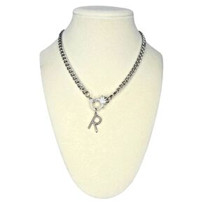Melania Clara Silver Pave Queen Crown Initial Cuban Link Chain Necklace